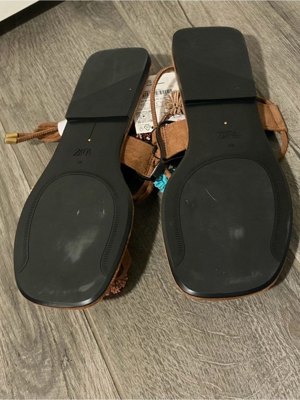 Zara Brown Pom-Pom Ankle Tie Sandals 39 - Picture 7 of 7